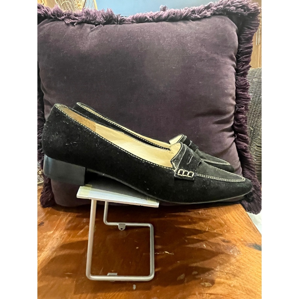 Unisa Black Suede Pointed Toe Loafers Low Block Heel Shoes Brazil Womens 7.5B